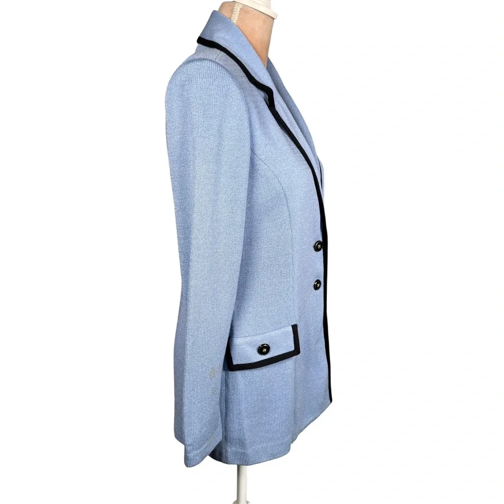 St. John Collection Knit Blazer‎ Women 4 Blue Black Trim Santana Longline Jacket